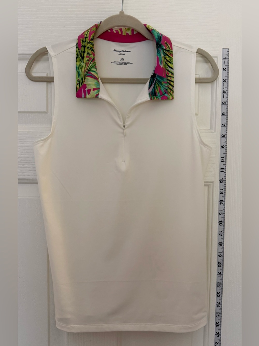 Tommy Bahama White Sleeveless Polo with Tropical Multi-Color Collar